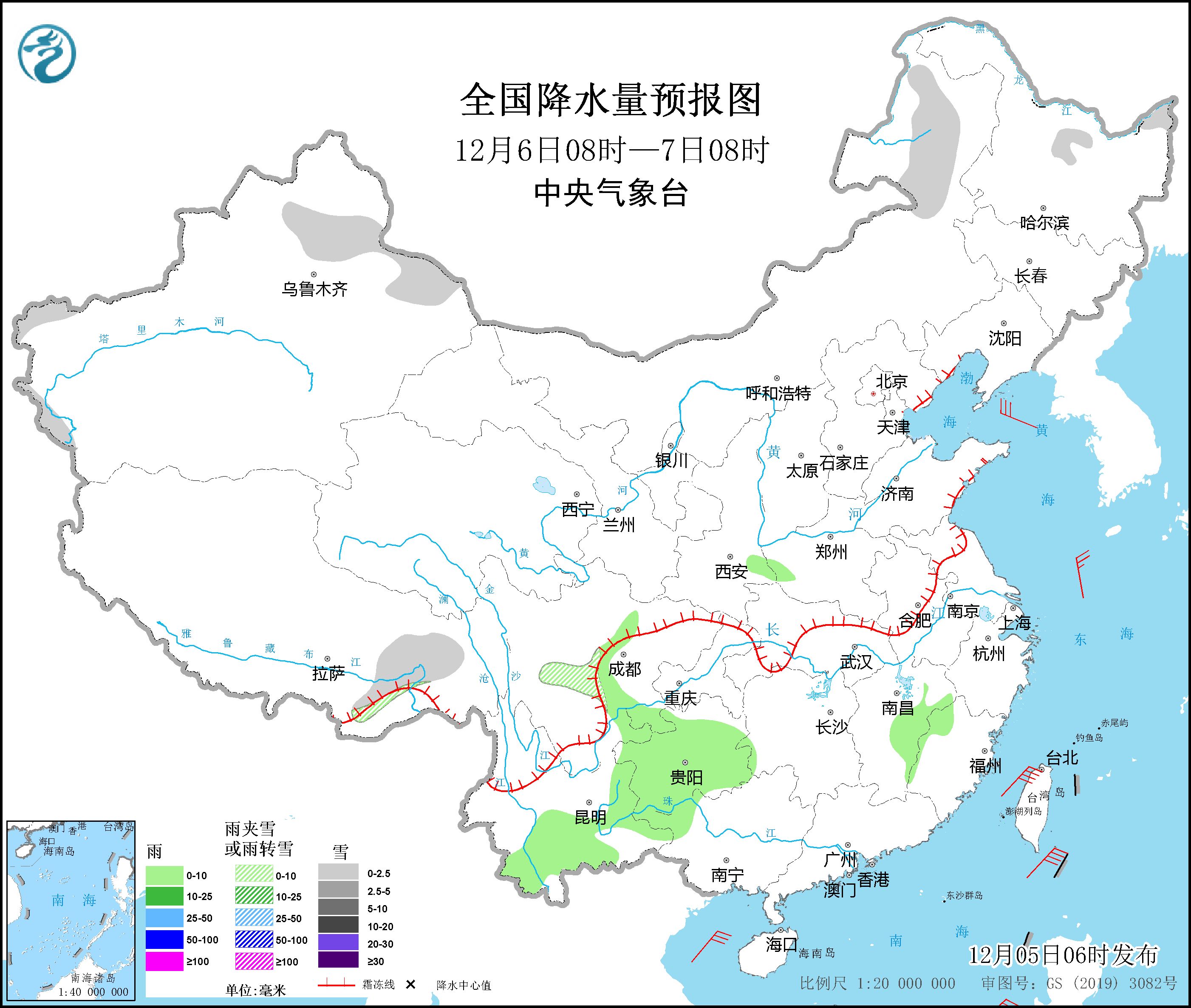 　　全国降水量预报图(12月6日08时-7日08时)