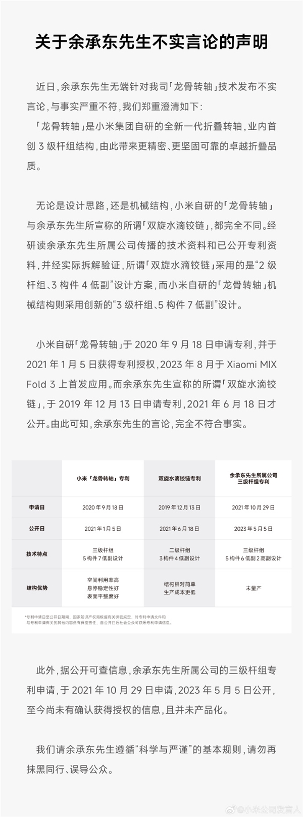 小米：余承东无端针对“龙骨转轴”技术发布不实言论 与事实严重不符